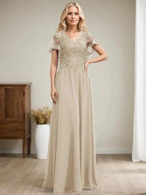A-line V-Neck Floor-Length Lace Chiffon Mother of the Bride Dress With Sequins - Image 20