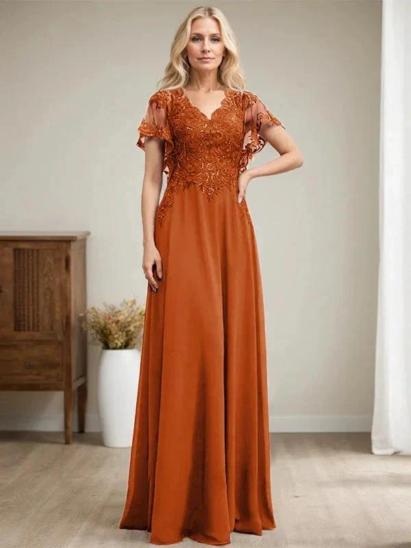 A-line V-Neck Floor-Length Lace Chiffon Mother of the Bride Dress With Sequins - Image 21