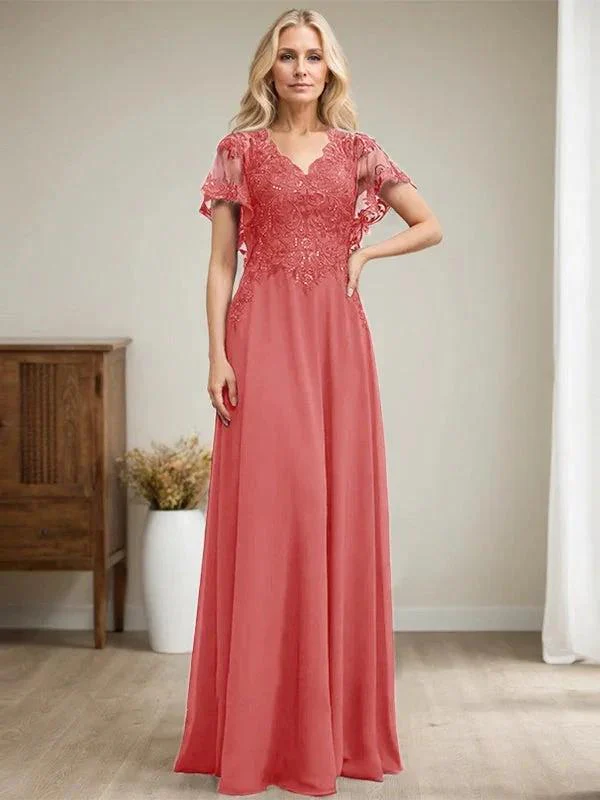 A-line V-Neck Floor-Length Lace Chiffon Mother of the Bride Dress With Sequins - Image 22