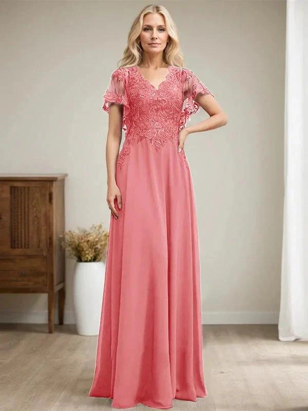 A-line V-Neck Floor-Length Lace Chiffon Mother of the Bride Dress With Sequins - Image 23
