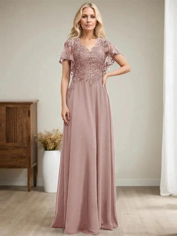 A-line V-Neck Floor-Length Lace Chiffon Mother of the Bride Dress With Sequins - Image 24
