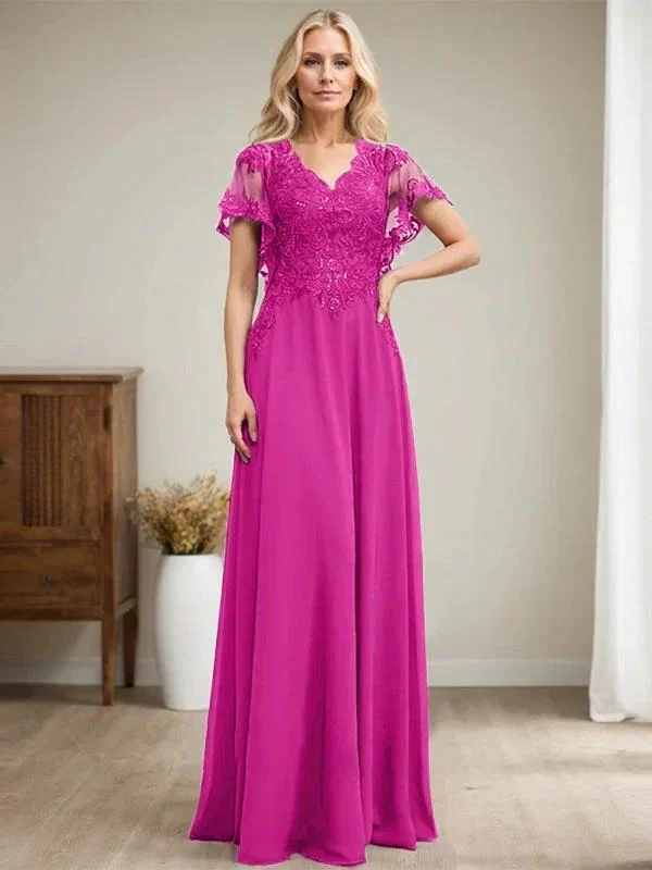 A-line V-Neck Floor-Length Lace Chiffon Mother of the Bride Dress With Sequins - Image 25