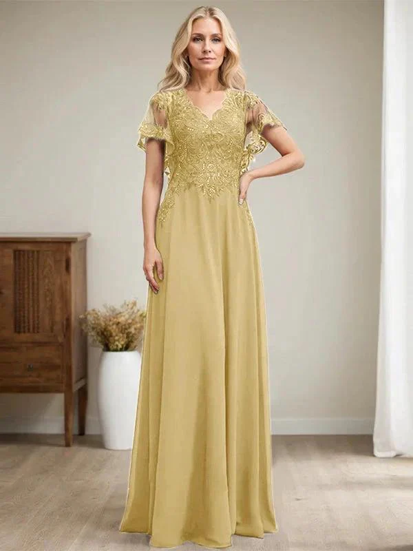 A-line V-Neck Floor-Length Lace Chiffon Mother of the Bride Dress With Sequins - Image 26