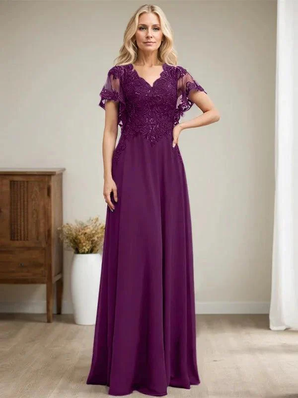 A-line V-Neck Floor-Length Lace Chiffon Mother of the Bride Dress With Sequins - Image 27