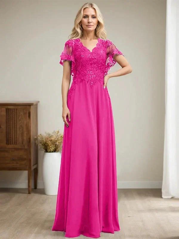 A-line V-Neck Floor-Length Lace Chiffon Mother of the Bride Dress With Sequins - Image 28