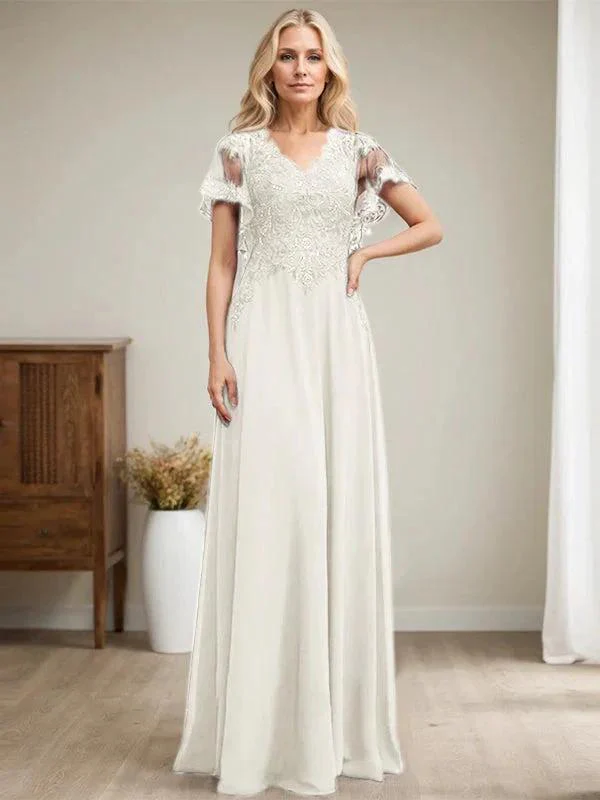 A-line V-Neck Floor-Length Lace Chiffon Mother of the Bride Dress With Sequins - Image 29