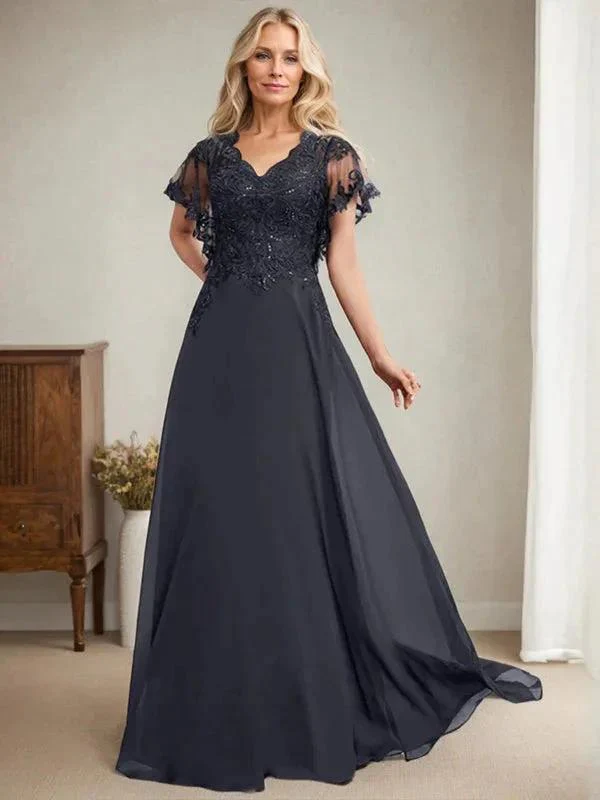 A-line V-Neck Floor-Length Lace Chiffon Mother of the Bride Dress With Sequins - Image 3