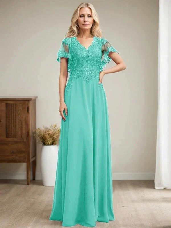 A-line V-Neck Floor-Length Lace Chiffon Mother of the Bride Dress With Sequins - Image 30