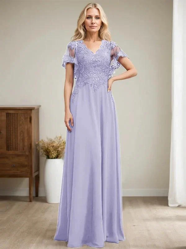 A-line V-Neck Floor-Length Lace Chiffon Mother of the Bride Dress With Sequins - Image 31