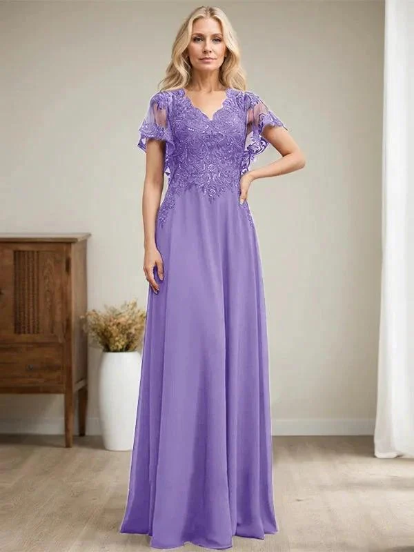 A-line V-Neck Floor-Length Lace Chiffon Mother of the Bride Dress With Sequins - Image 32