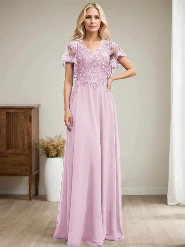 A-line V-Neck Floor-Length Lace Chiffon Mother of the Bride Dress With Sequins - Image 33