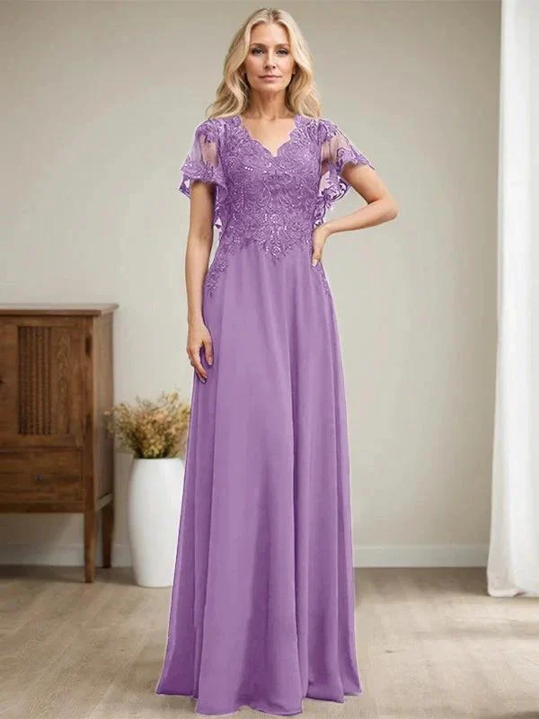 A-line V-Neck Floor-Length Lace Chiffon Mother of the Bride Dress With Sequins - Image 34
