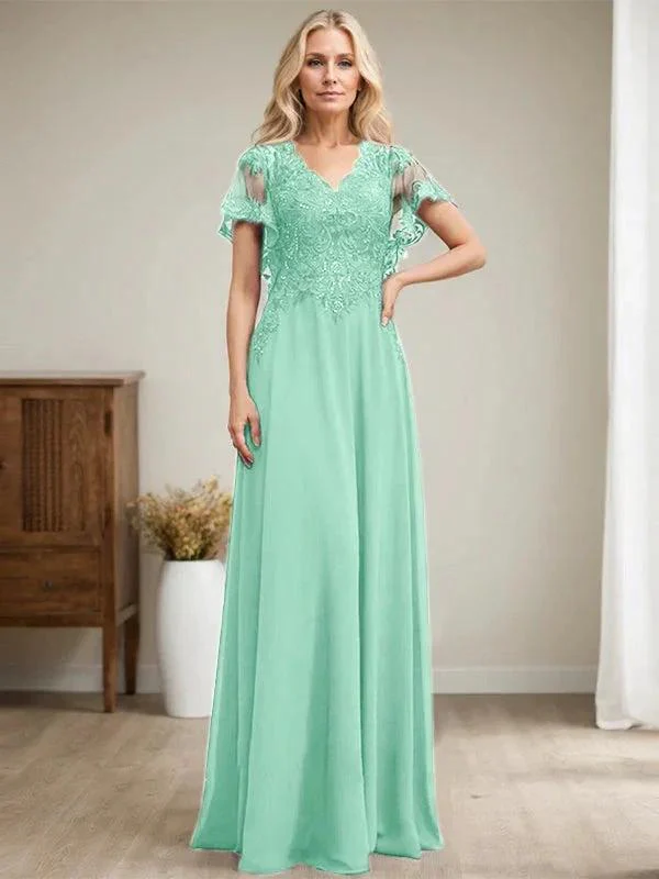 A-line V-Neck Floor-Length Lace Chiffon Mother of the Bride Dress With Sequins - Image 35