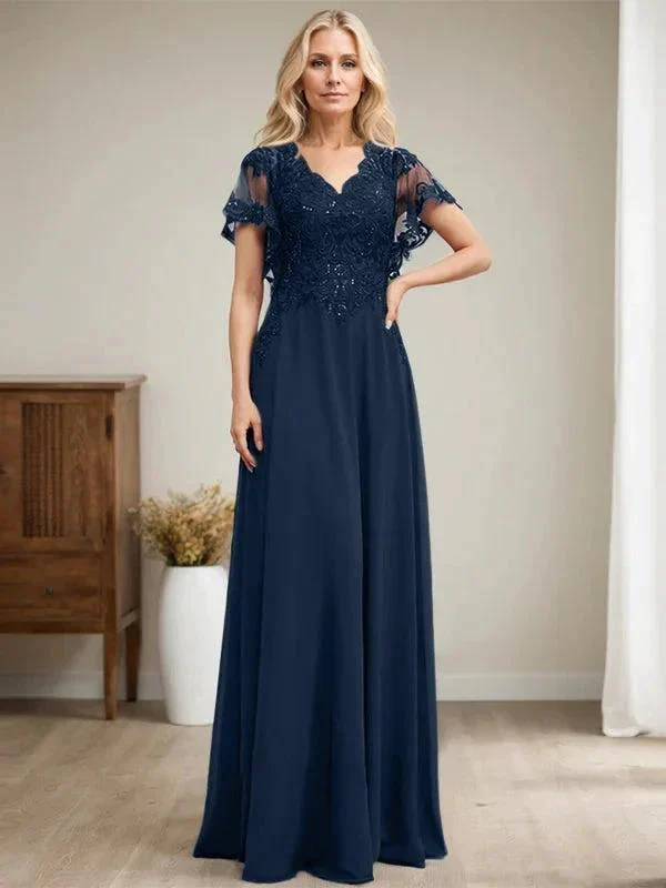 A-line V-Neck Floor-Length Lace Chiffon Mother of the Bride Dress With Sequins - Image 36