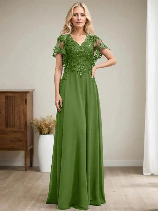 A-line V-Neck Floor-Length Lace Chiffon Mother of the Bride Dress With Sequins - Image 37