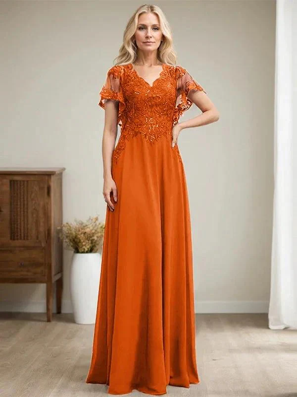 A-line V-Neck Floor-Length Lace Chiffon Mother of the Bride Dress With Sequins - Image 38