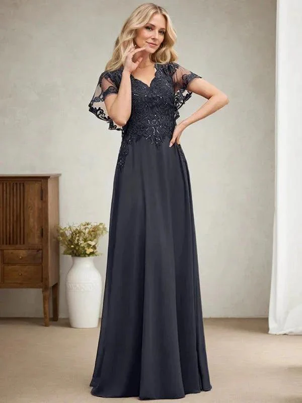 A-line V-Neck Floor-Length Lace Chiffon Mother of the Bride Dress With Sequins - Image 4