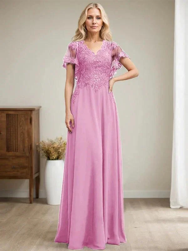 A-line V-Neck Floor-Length Lace Chiffon Mother of the Bride Dress With Sequins - Image 40
