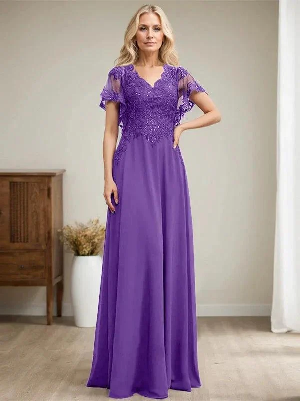 A-line V-Neck Floor-Length Lace Chiffon Mother of the Bride Dress With Sequins - Image 41