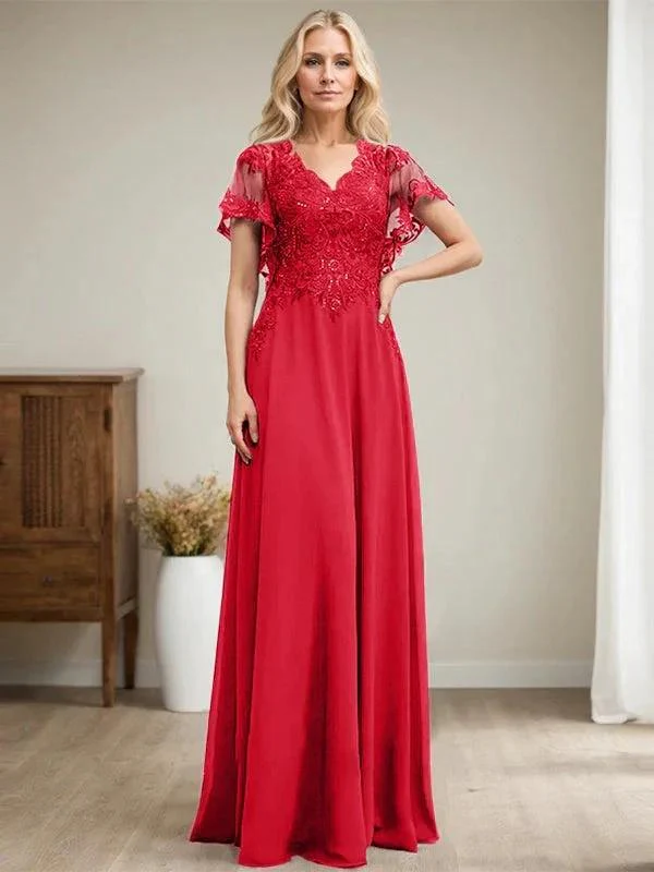 A-line V-Neck Floor-Length Lace Chiffon Mother of the Bride Dress With Sequins - Image 42