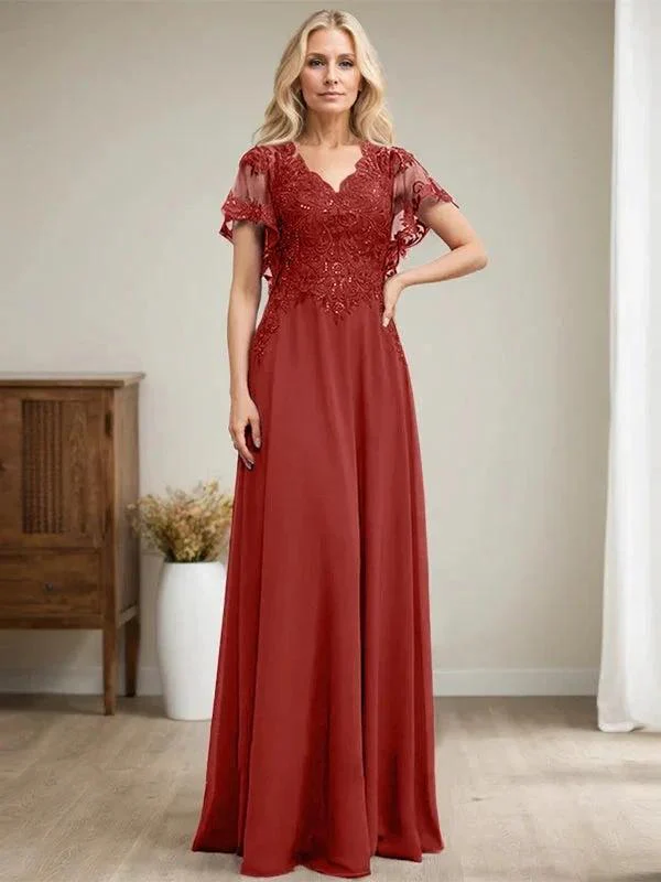 A-line V-Neck Floor-Length Lace Chiffon Mother of the Bride Dress With Sequins - Image 44