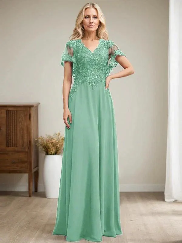 A-line V-Neck Floor-Length Lace Chiffon Mother of the Bride Dress With Sequins - Image 45
