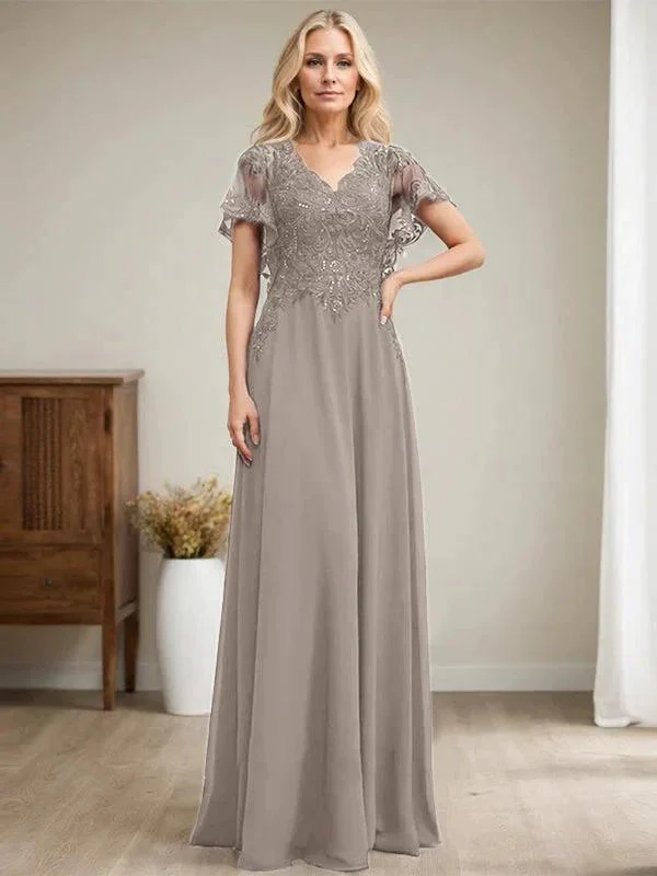 A-line V-Neck Floor-Length Lace Chiffon Mother of the Bride Dress With Sequins - Image 46