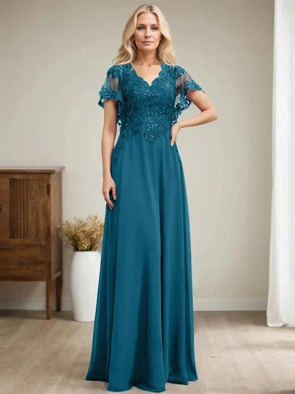 A-line V-Neck Floor-Length Lace Chiffon Mother of the Bride Dress With Sequins - Image 47