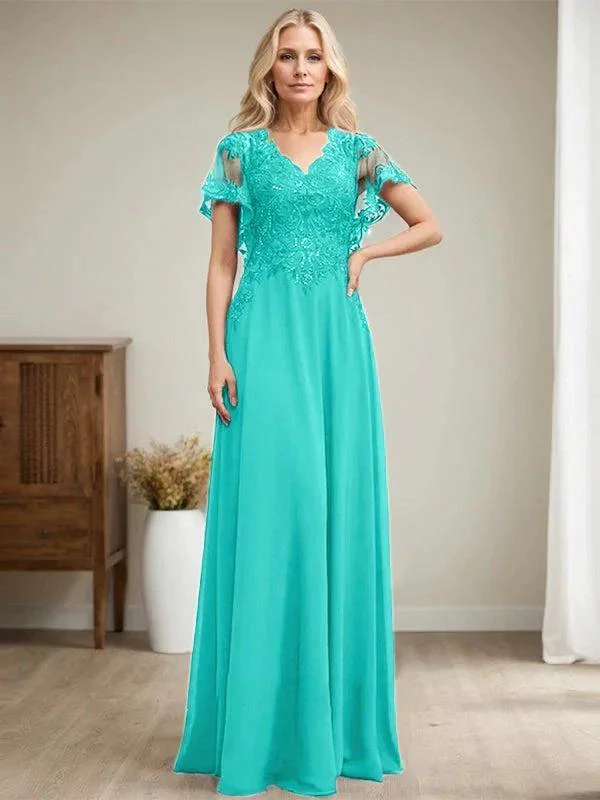 A-line V-Neck Floor-Length Lace Chiffon Mother of the Bride Dress With Sequins - Image 48