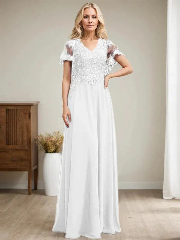 A-line V-Neck Floor-Length Lace Chiffon Mother of the Bride Dress With Sequins - Image 49