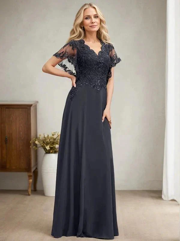A-line V-Neck Floor-Length Lace Chiffon Mother of the Bride Dress With Sequins - Image 5