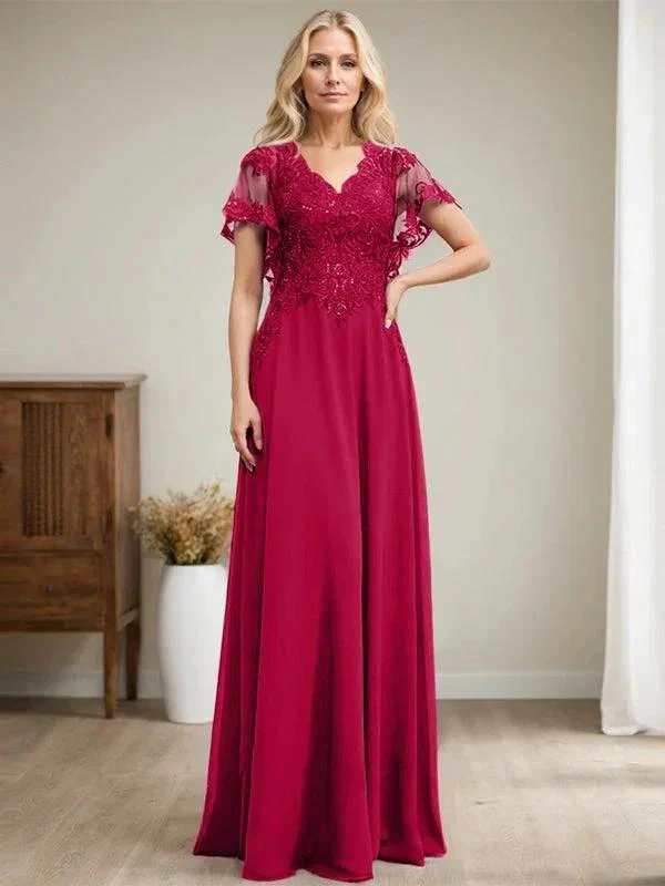 A-line V-Neck Floor-Length Lace Chiffon Mother of the Bride Dress With Sequins - Image 50