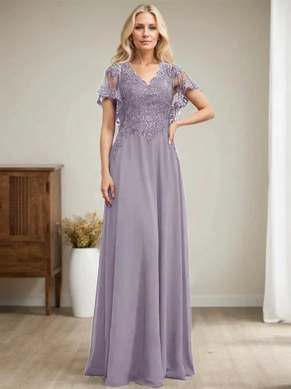 A-line V-Neck Floor-Length Lace Chiffon Mother of the Bride Dress With Sequins - Image 51