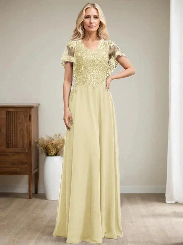 A-line V-Neck Floor-Length Lace Chiffon Mother of the Bride Dress With Sequins - Image 52