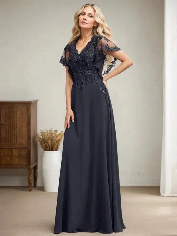 A-line V-Neck Floor-Length Lace Chiffon Mother of the Bride Dress With Sequins - Image 7