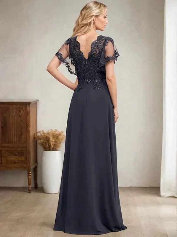 A-line V-Neck Floor-Length Lace Chiffon Mother of the Bride Dress With Sequins - Image 8