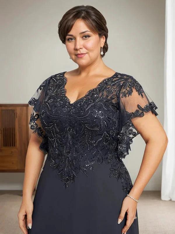 A-line V-Neck Floor-Length Lace Chiffon Mother of the Bride Dress With Sequins - Image 9