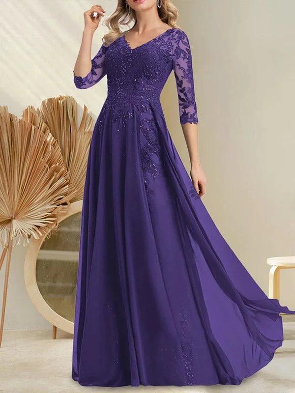 A-line V-Neck Floor-Length Lace Chiffon Mother of the Bride Dress With Sequins - Image 20