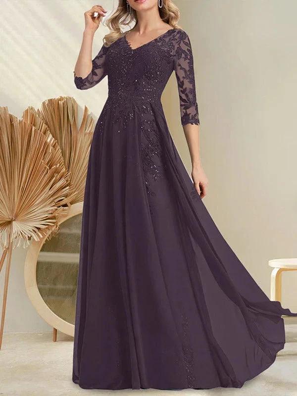 A-line V-Neck Floor-Length Lace Chiffon Mother of the Bride Dress With Sequins - Image 21