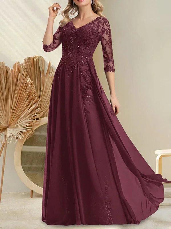 A-line V-Neck Floor-Length Lace Chiffon Mother of the Bride Dress With Sequins - Image 22
