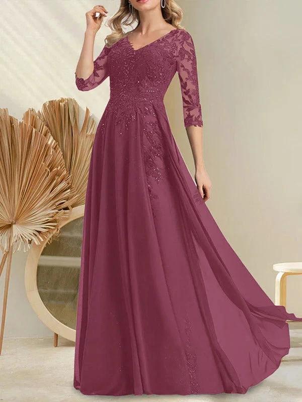 A-line V-Neck Floor-Length Lace Chiffon Mother of the Bride Dress With Sequins - Image 23