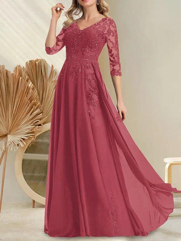 A-line V-Neck Floor-Length Lace Chiffon Mother of the Bride Dress With Sequins - Image 24