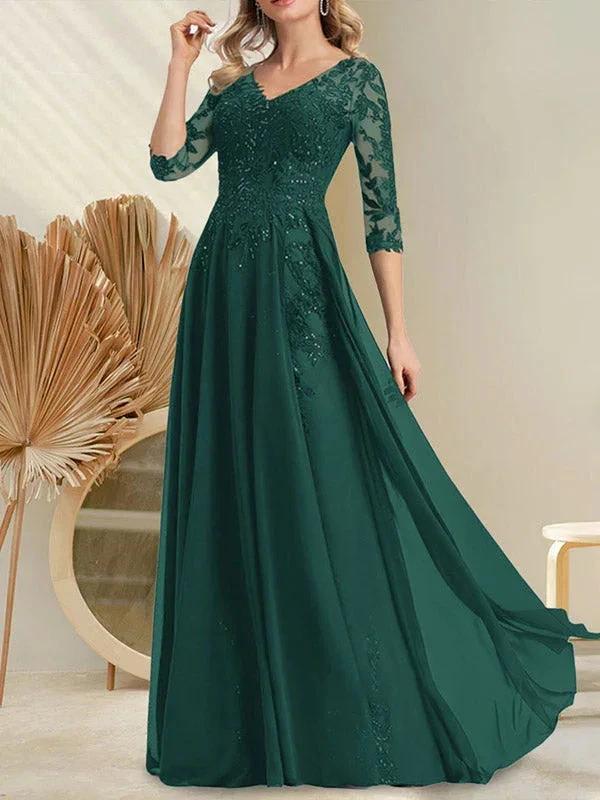 A-line V-Neck Floor-Length Lace Chiffon Mother of the Bride Dress With Sequins - Image 25