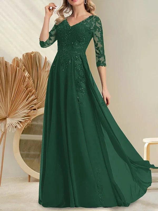 A-line V-Neck Floor-Length Lace Chiffon Mother of the Bride Dress With Sequins - Image 26