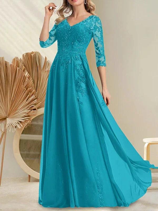A-line V-Neck Floor-Length Lace Chiffon Mother of the Bride Dress With Sequins - Image 28