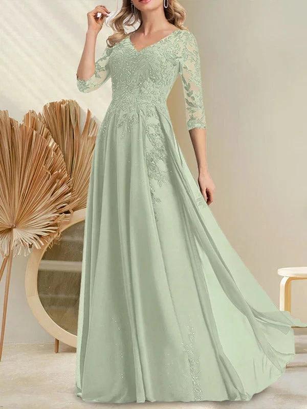 A-line V-Neck Floor-Length Lace Chiffon Mother of the Bride Dress With Sequins - Image 29
