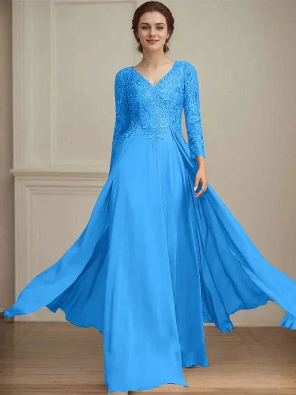 A-line V-Neck Floor-Length Lace Chiffon Mother of the Bride Dress With Sequins - Image 15