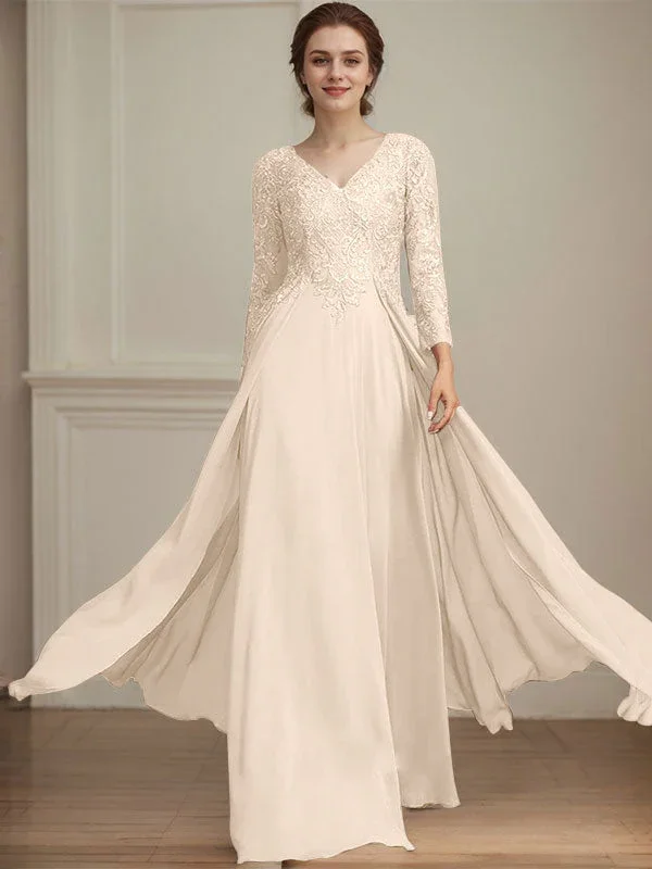 A-line V-Neck Floor-Length Lace Chiffon Mother of the Bride Dress With Sequins - Image 16