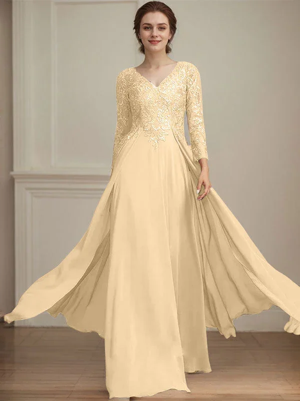 A-line V-Neck Floor-Length Lace Chiffon Mother of the Bride Dress With Sequins - Image 18