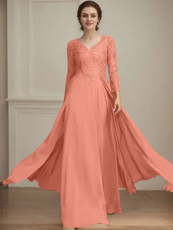 A-line V-Neck Floor-Length Lace Chiffon Mother of the Bride Dress With Sequins - Image 19